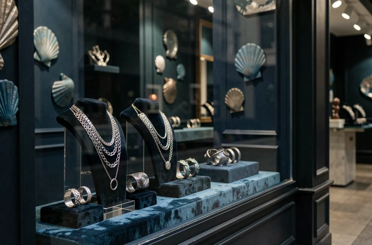 Vitrine immersive de la boutique Abyss avec des bijoux en argent oxydé sur des présentoirs en velours marine