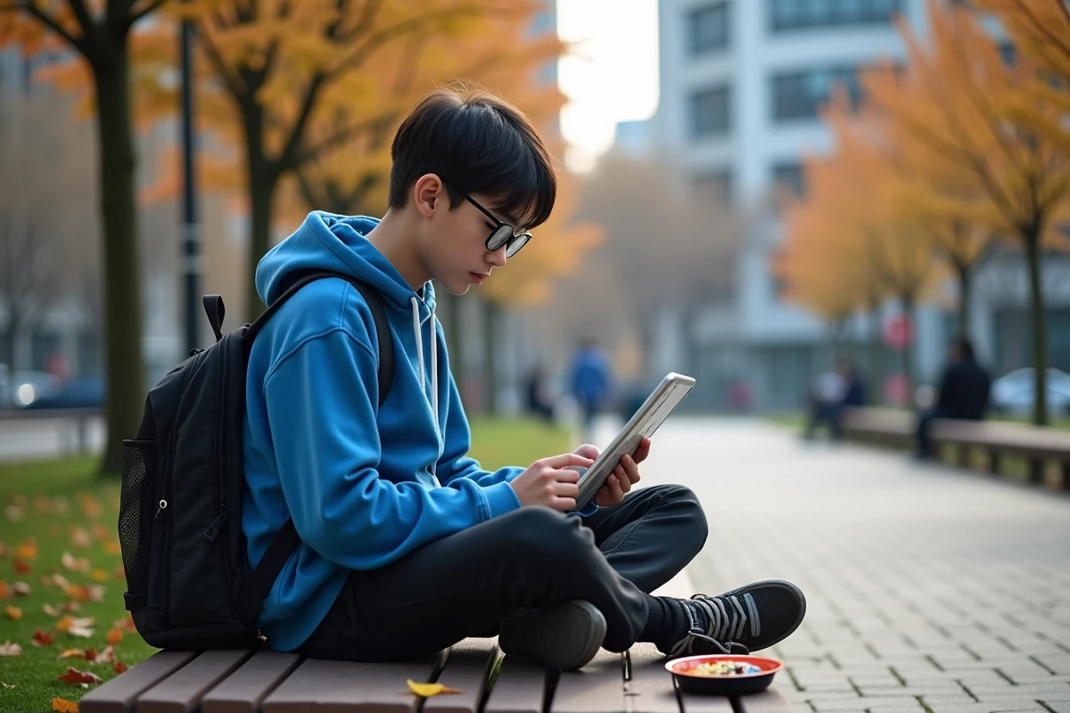 Adolescent regardant manga sur tablette dans un parc urbain
