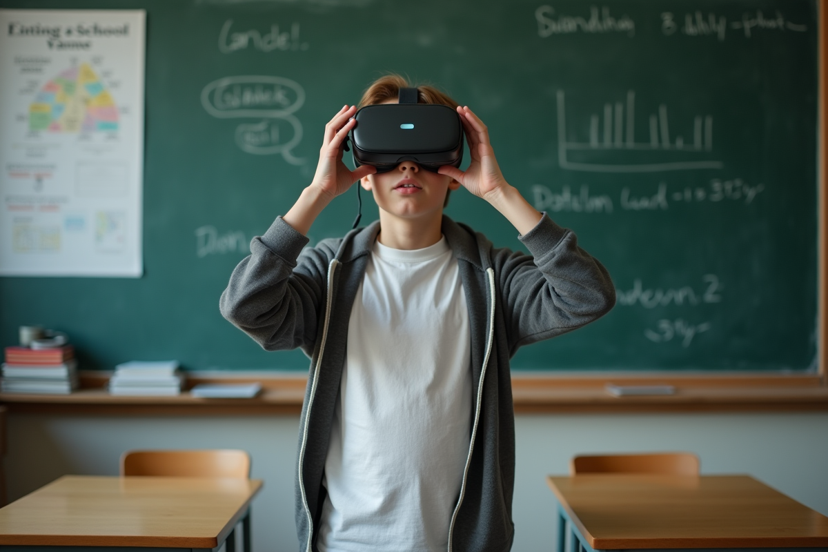 Adolescent avec casque VR en classe scolaire