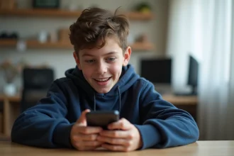 Adolescent regardant un code Supercell Store Brawl Stars sur son smartphone dans sa chambre de gamer