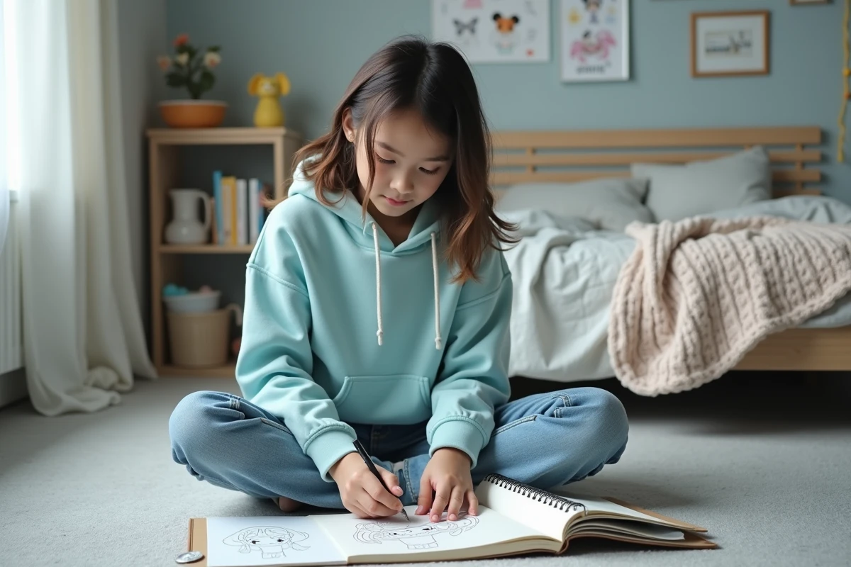 Adolescente dessinant un personnage manga style sur un carnet de croquis en s'aidant d'une fiche de dessin imprimée posée à côté d'elle sur le sol de sa chambre