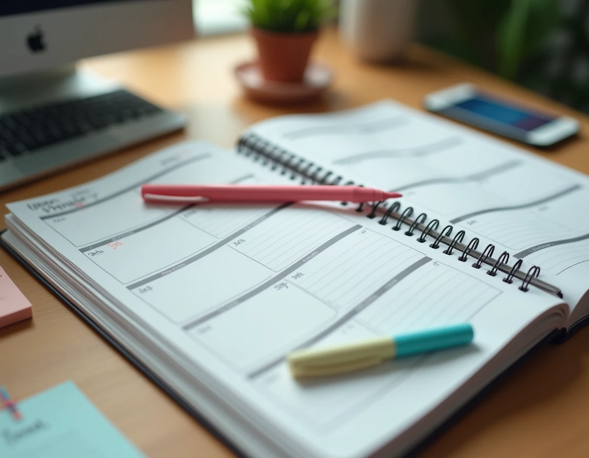 Agenda ouvert avec semaines paires et impaires surlignées sur un bureau avec accessoires de planification