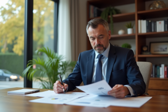 Agent immobilier en costume bleu examine des documents dans un bureau moderne