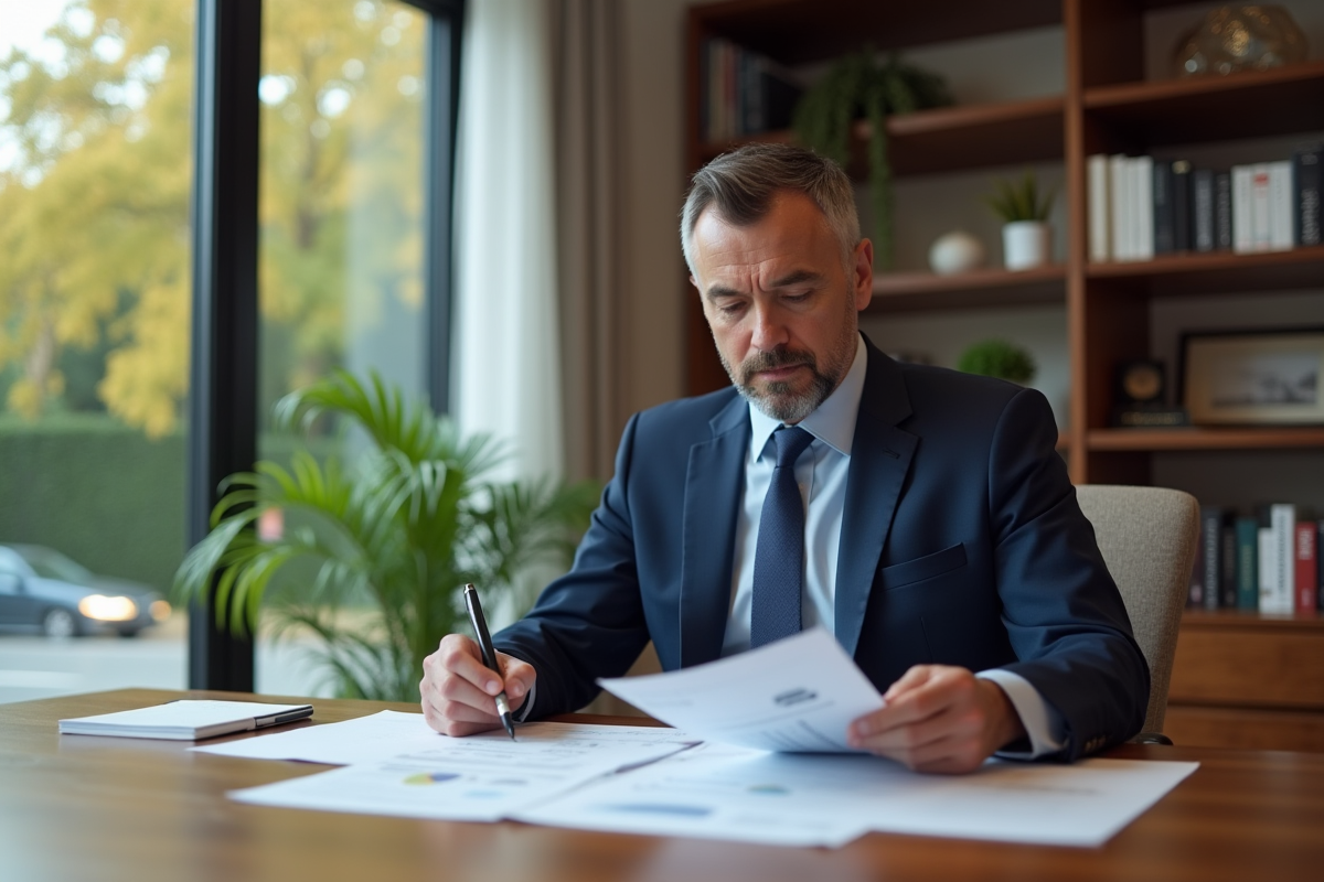 Agent immobilier en costume bleu examine des documents dans un bureau moderne
