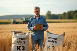 Agronome dans un champ de blé avec sacs de mesure