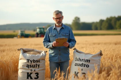 Agronome dans un champ de blé avec sacs de mesure