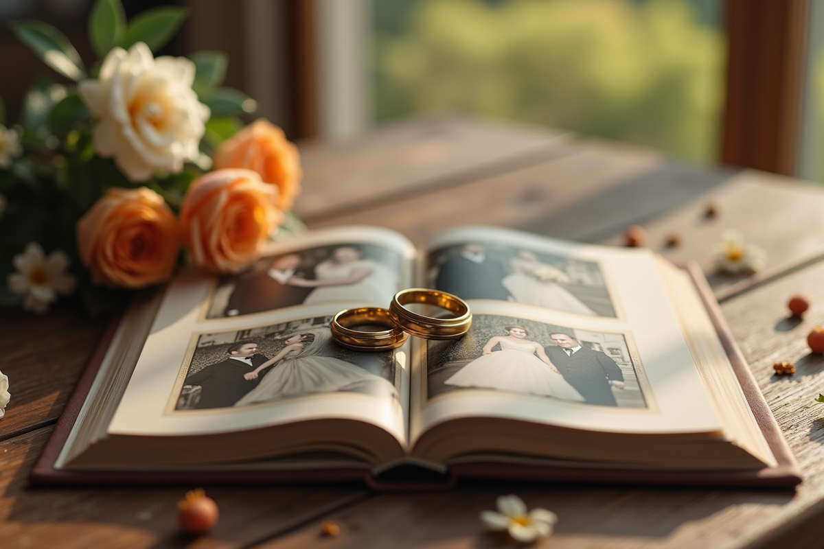 Alliances de mariage anciennes sur un album photo vintage