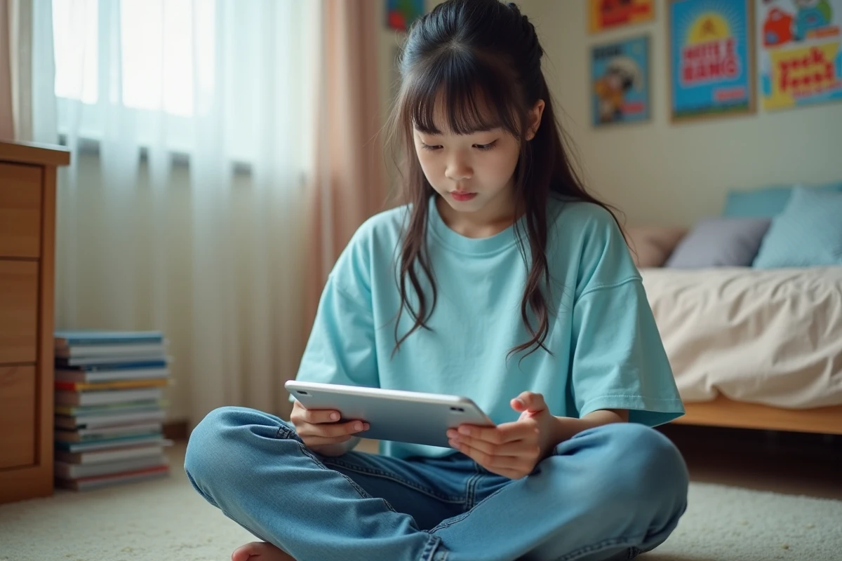 Adolescente cherchant des alternatives de lecture de manga en ligne sur une tablette dans sa chambre décorée de posters