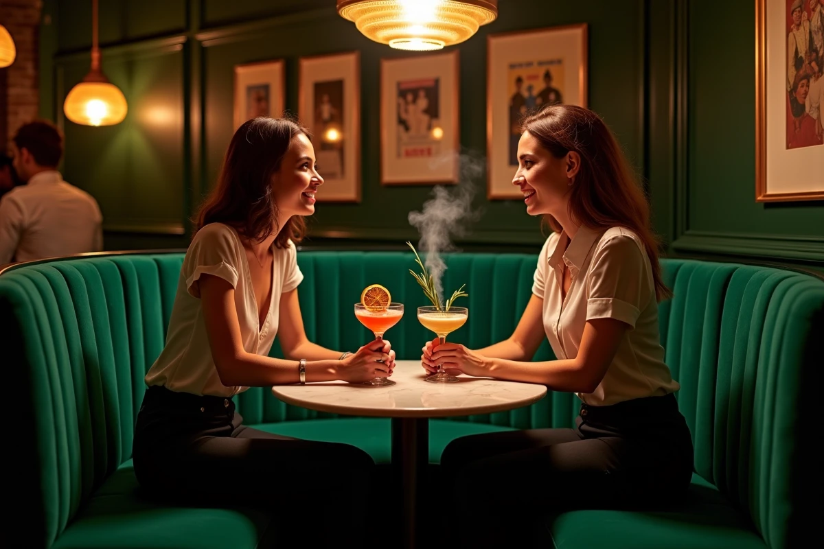 Deux amies en conversation animée dans un coin cosy d'un bar à cocktails chic de Lille avec verres élaborés