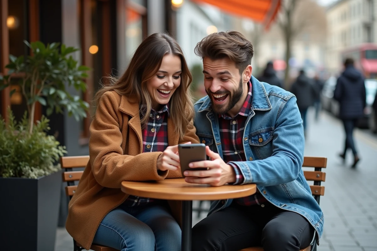 Deux amis découvrant ensemble un code récompense Monopoly GO sur smartphone en terrasse de café