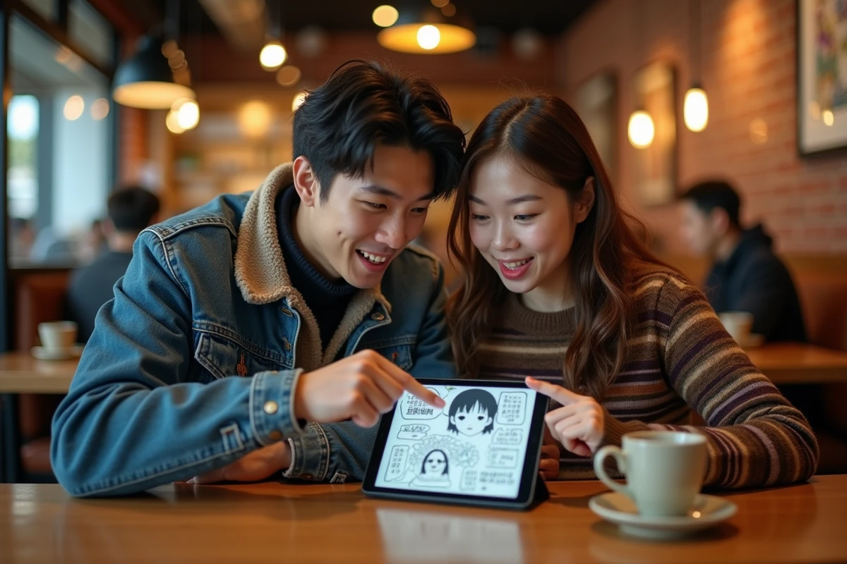 Deux amis fans de manga réagissant ensemble à la lecture du scan One Piece 1143 dans un café