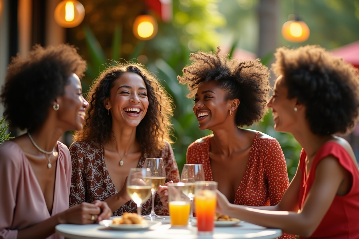 Groupe d amis riant ensemble au café extérieur