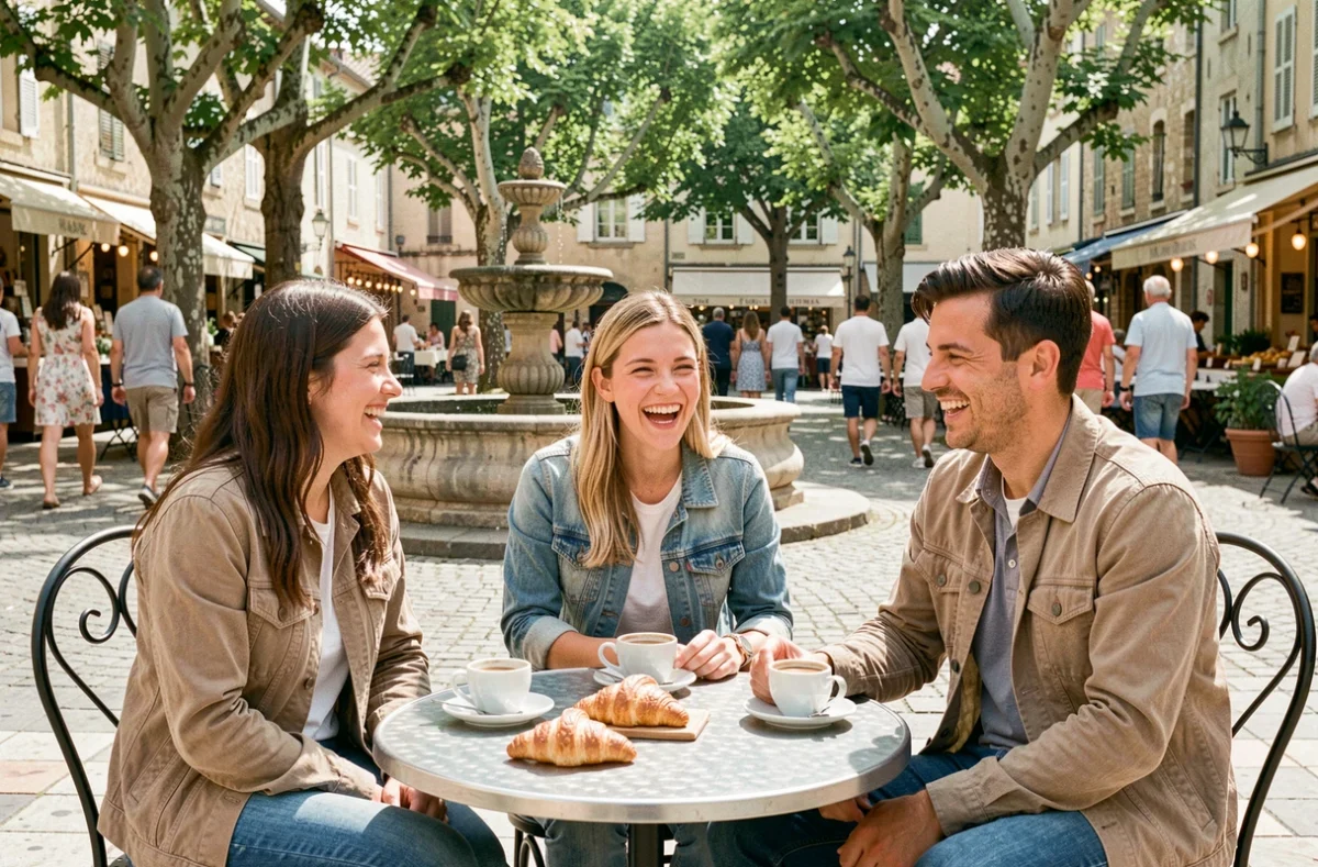 Groupe d'amis profitant d'un week-end prolongé en terrasse de café pendant les ponts de la Pentecôte 2026 dans un village français
