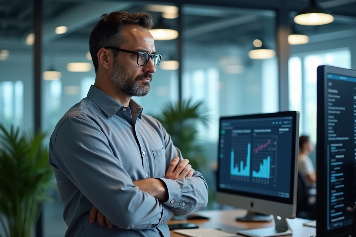 Professionnel en entreprise analysant la crédibilité d'un site web sur un double écran en open space