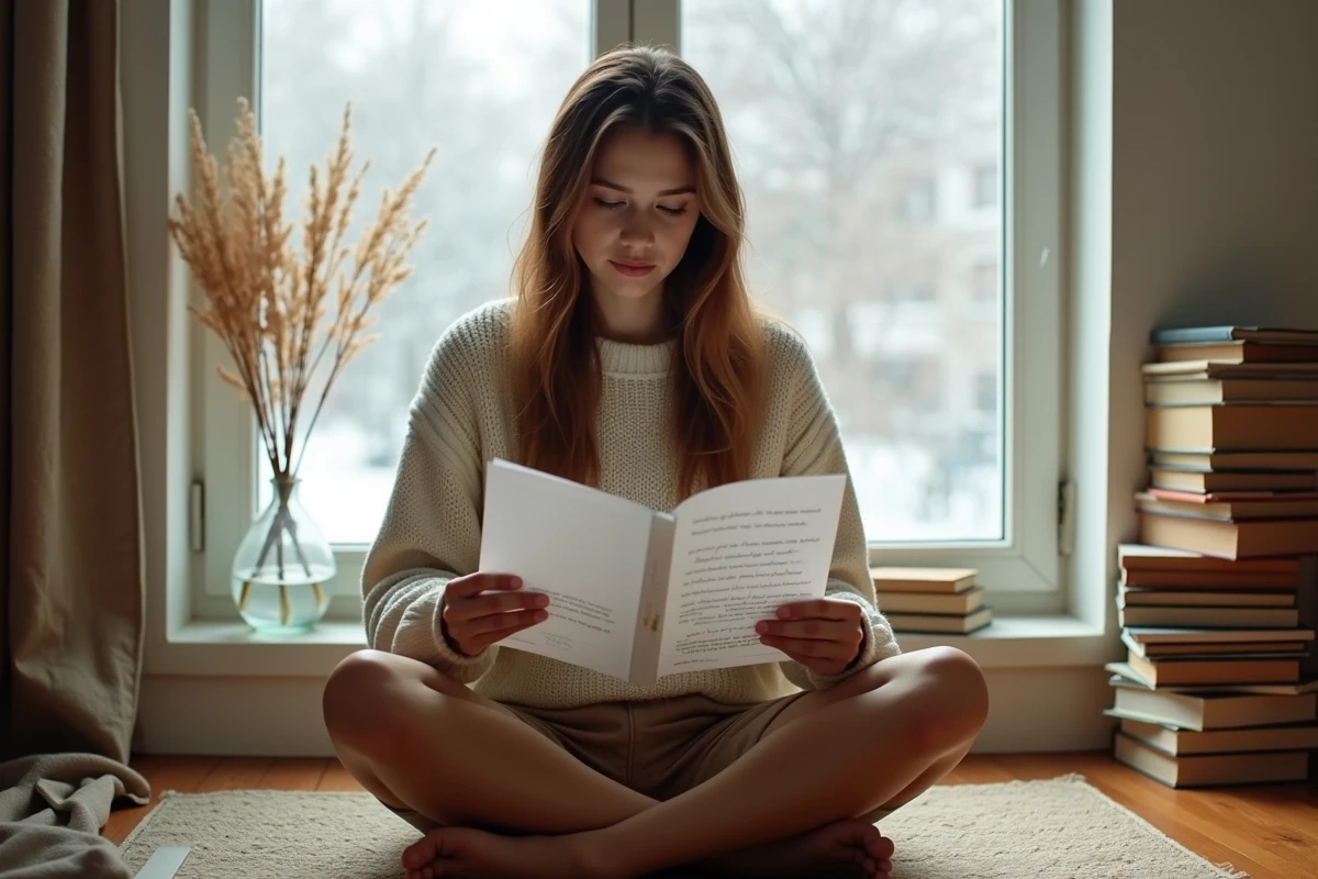 Jeune femme analysant les paroles d'une chanson écologique dans un appartement éco-responsable entouré de livres environnementaux