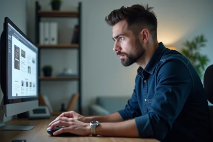 Homme analysant un site web suspect sur un ordinateur de bureau dans un bureau à domicile moderne