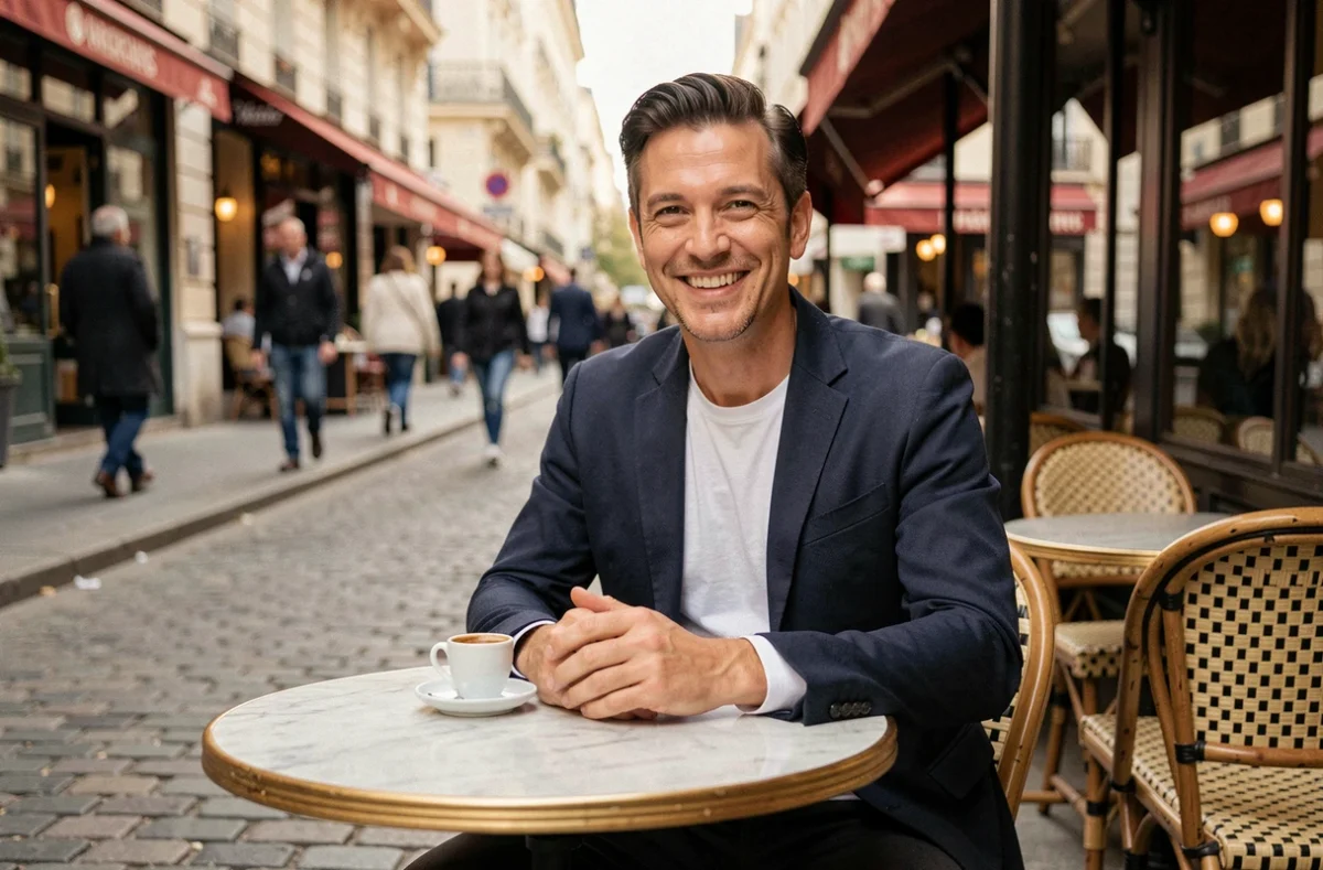 Animateur de télévision français seul à la terrasse d'un café parisien, vie personnelle et célébrité