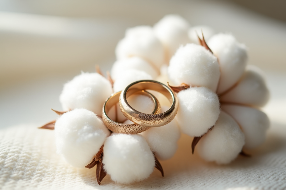 Anneaux de mariage sur des fleurs de coton blanches en gros plan
