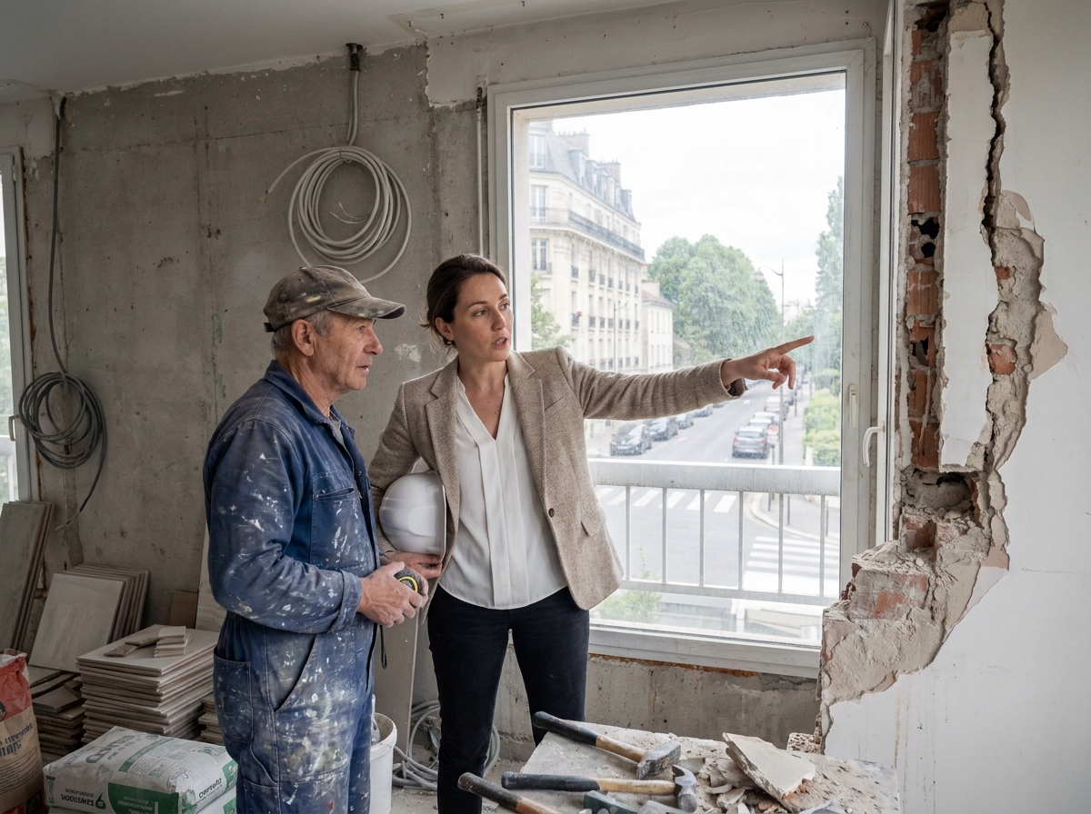 Architecte et artisan discutant des travaux de rénovation intérieure dans un appartement des Hauts-de-Seine