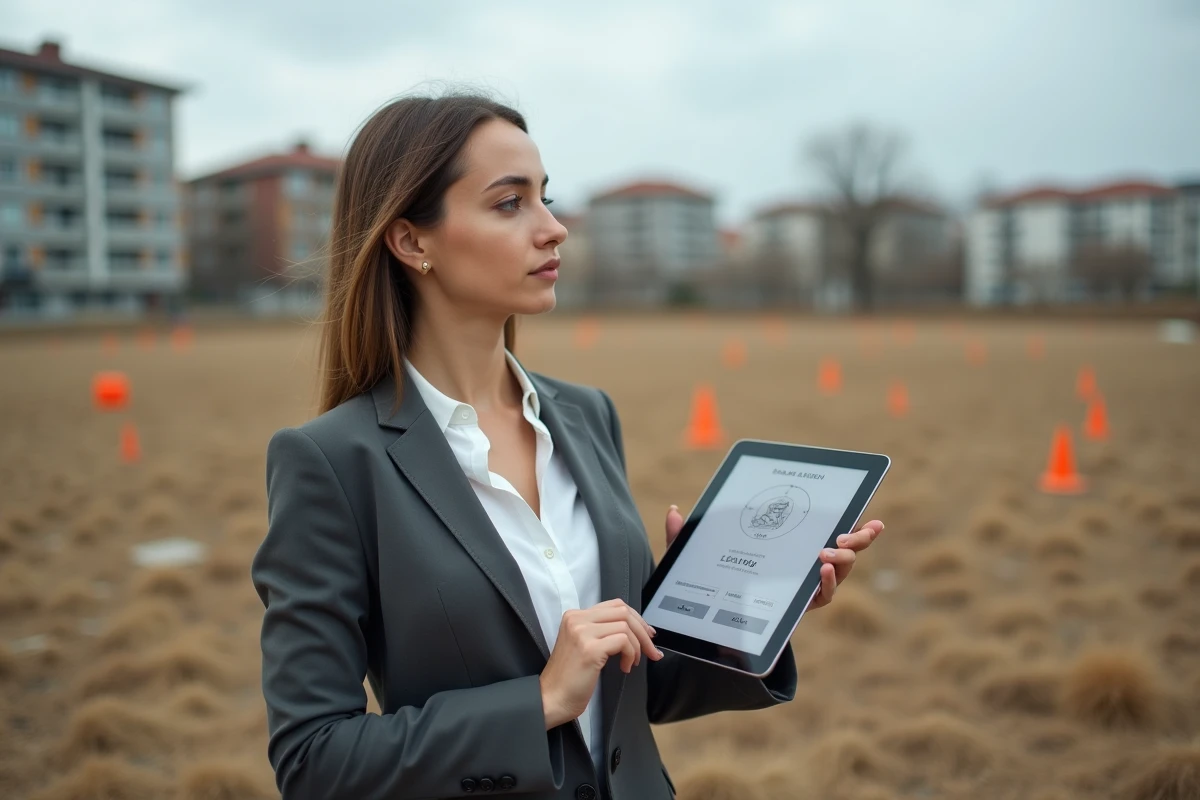 Architecte féminine sur un terrain urbain non aménagé consultant un outil de conversion hectares en mètres carrés sur tablette