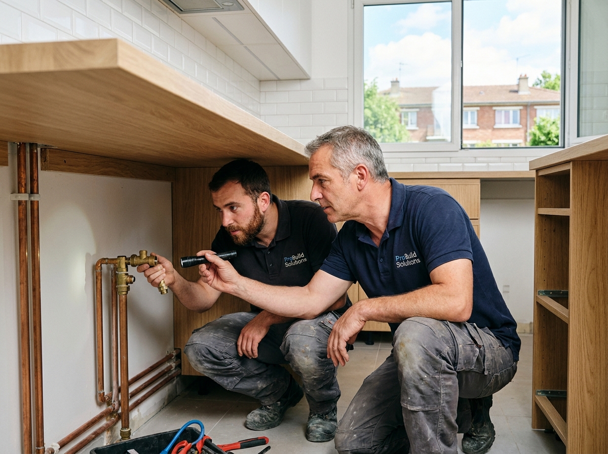Deux artisans plombiers installant une cuisine dans un appartement rénové dans les Hauts-de-Seine