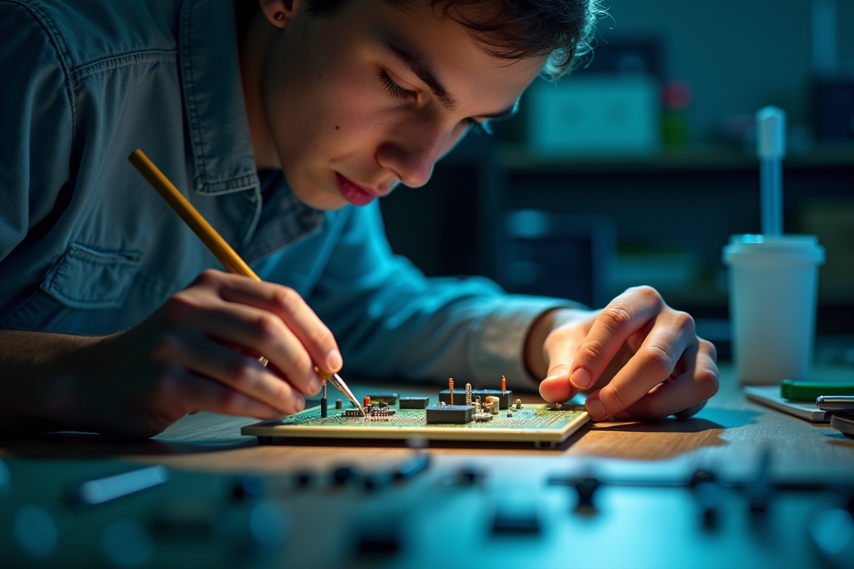 Étudiant assemblant des composants sur une breadboard en atelier