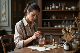 Femme concentrée mélangeant huiles essentielles dans un atelier parisien