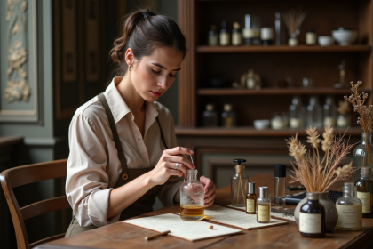 Femme concentrée mélangeant huiles essentielles dans un atelier parisien