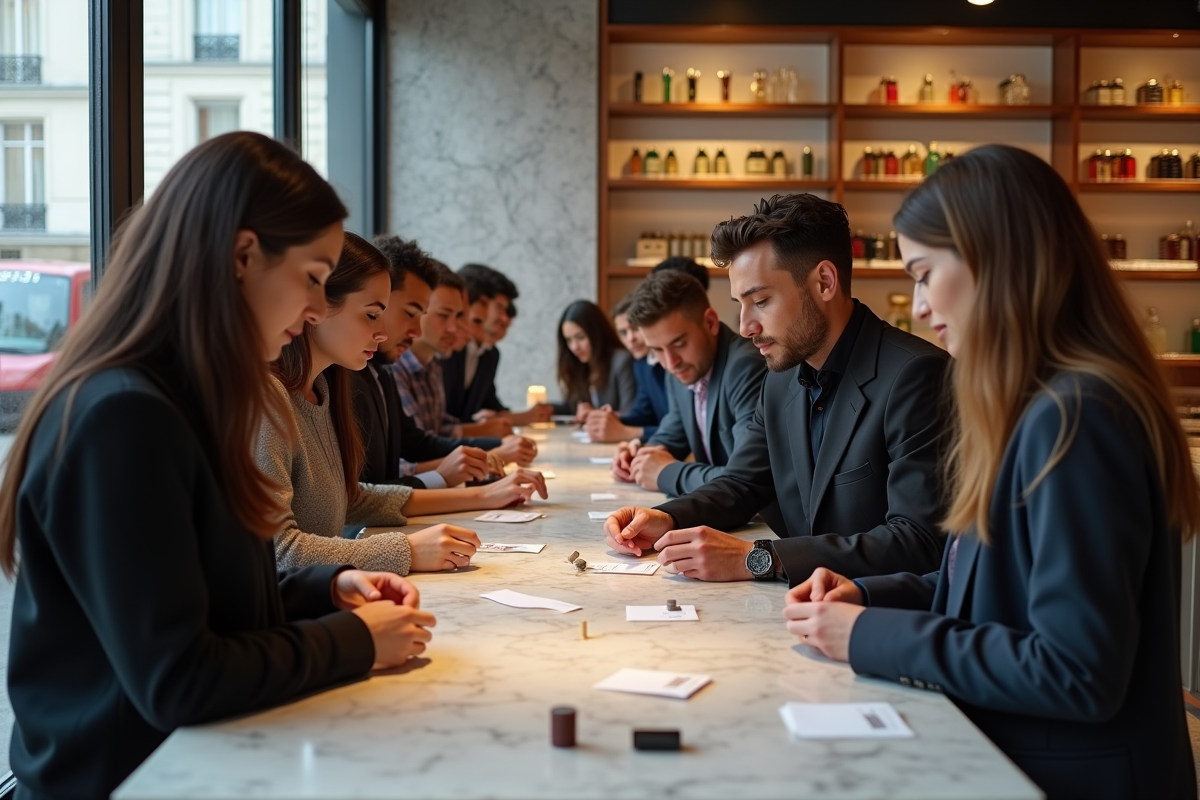 Groupe diversifié sentant des échantillons de parfum dans un atelier moderne