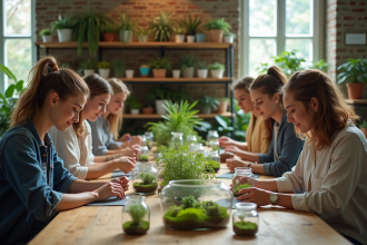 Groupe de jeunes adultes créant des terrariums dans un atelier lumineux