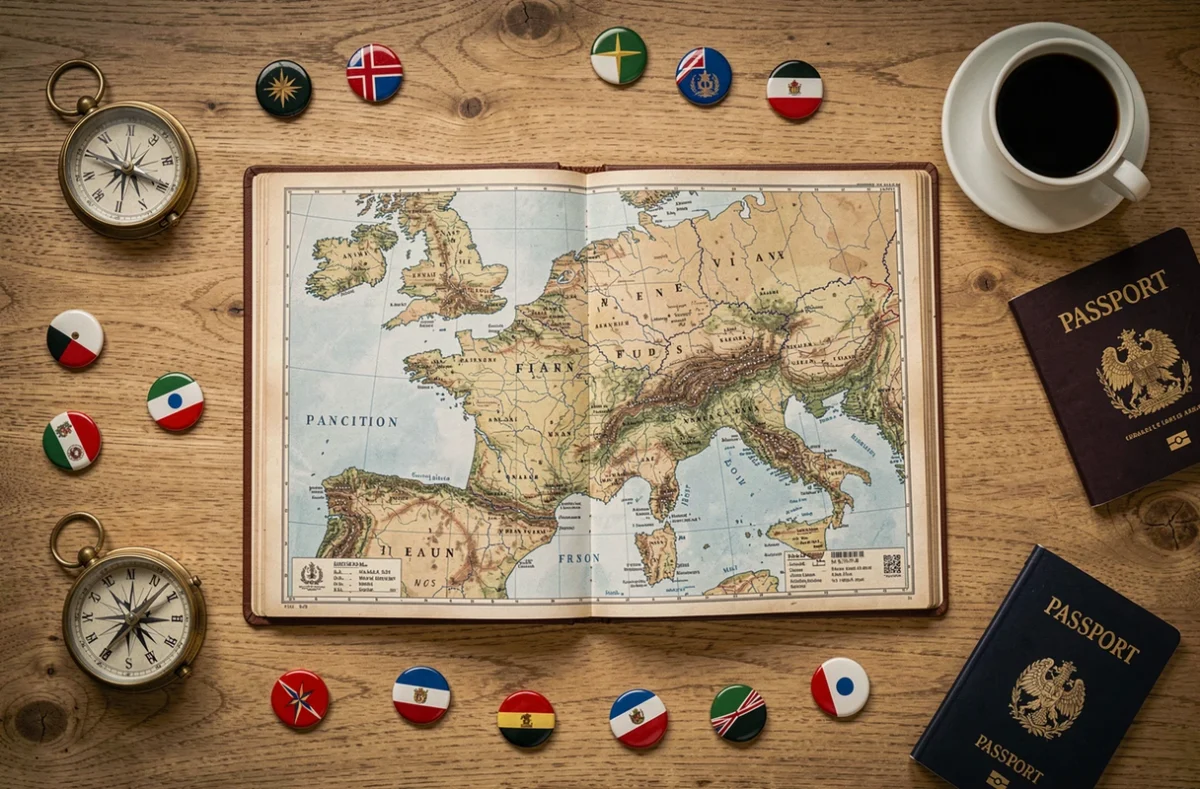 Atlas ouvert sur des pays commençant par F avec drapeaux et passeport sur bureau en bois