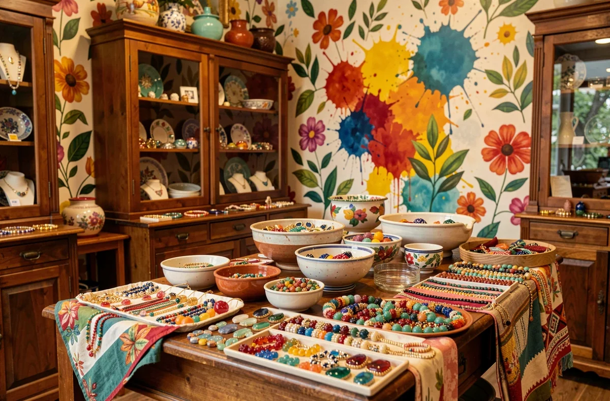 Boutique colorée Aux Couleurs du Temps avec des bijoux artisanaux en pierres semi-précieuses dans des présentoirs vintage