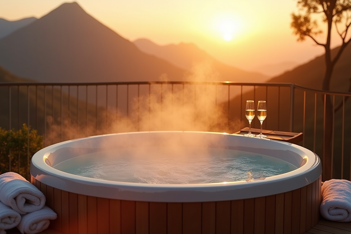 Bain privé en extérieur avec vue sur montagnes volcaniques