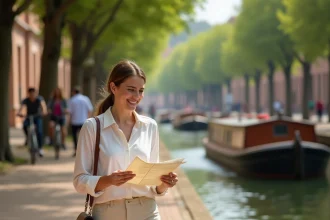 Femme se promenant le long du Canal du Midi à Toulouse avec une carte papier, ambiance matinale détendue