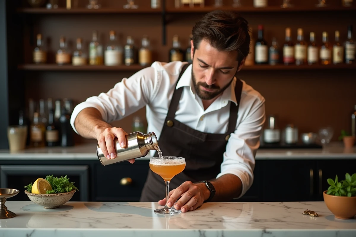 Barman expert préparant un cocktail artisanal au bar à cocktails de Lille avec présentation soignée
