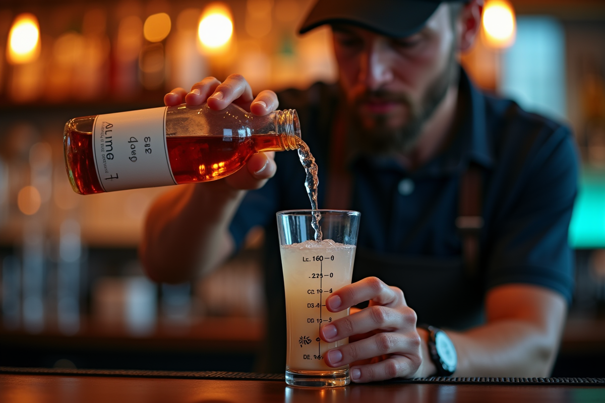 Barman versant un liquide dans un jigger au bar moderne lumineux