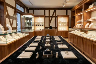 Vitrine d'une bijouterie élégante dans le Bas-Rhin avec des bijoux exposés sur velours sombre