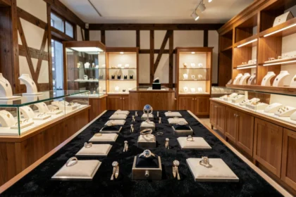 Vitrine d'une bijouterie élégante dans le Bas-Rhin avec des bijoux exposés sur velours sombre