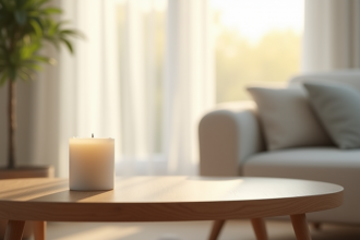 Bougie blanche sur table en bois avec lumière naturelle