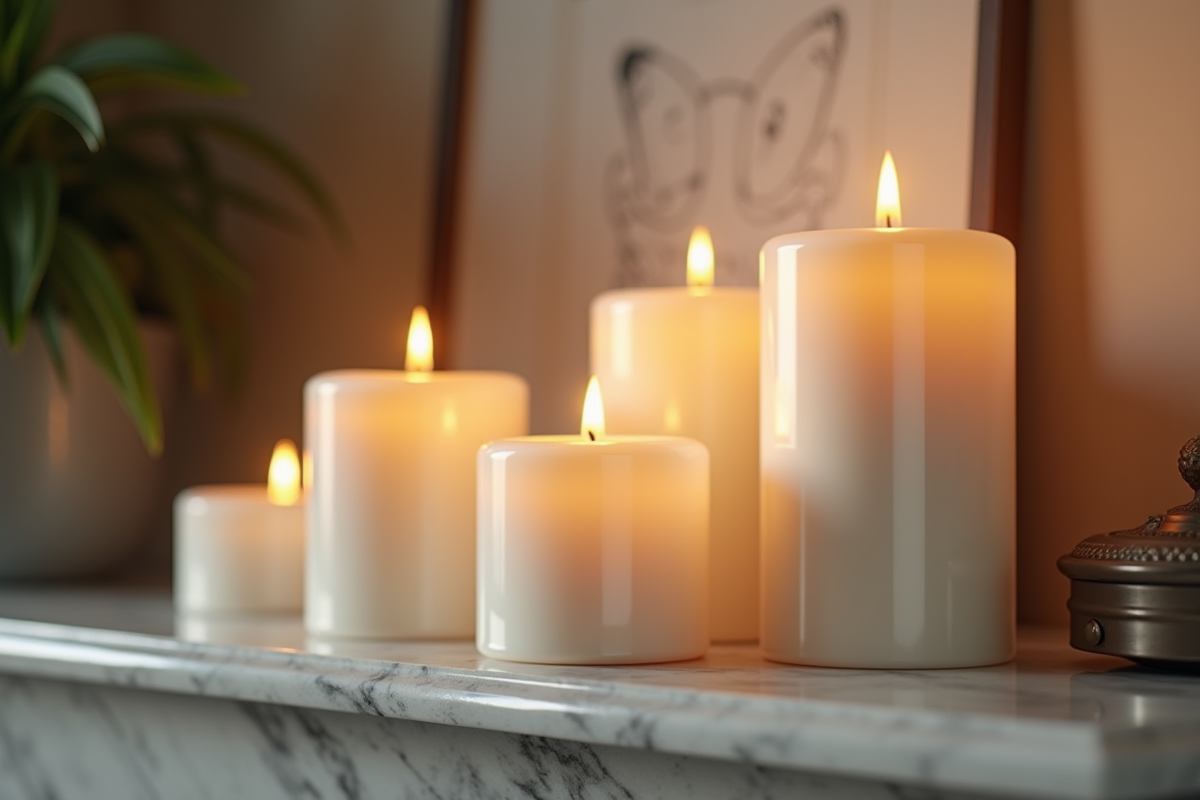 Plusieurs bougies blanches sur cheminée en marbre dans un salon chaleureux