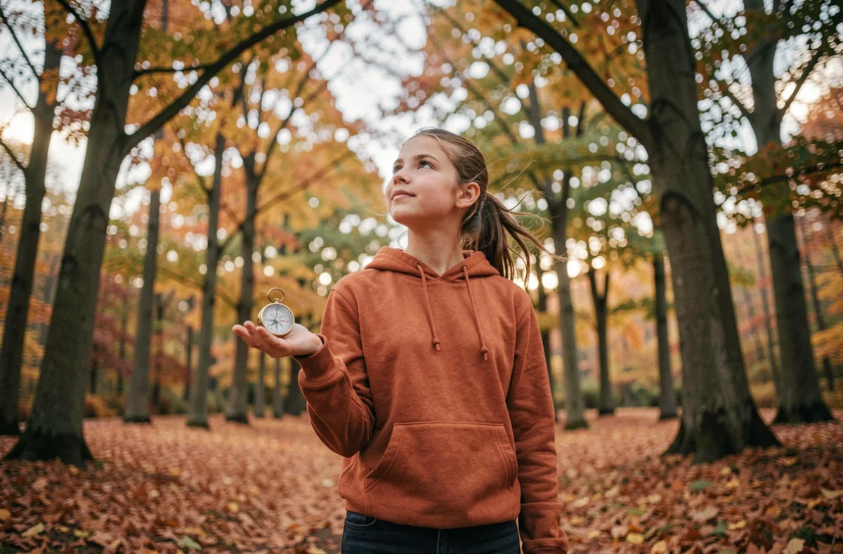 Adolescente tenant une boussole analogique dans une clairière forestière en automne pour s'orienter grâce au soleil et aux arbres
