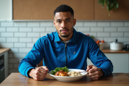 Jeune boxeur en training mangeant un repas sain dans une cuisine gym