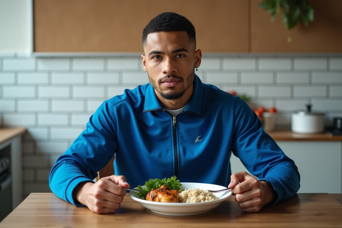 Jeune boxeur en training mangeant un repas sain dans une cuisine gym