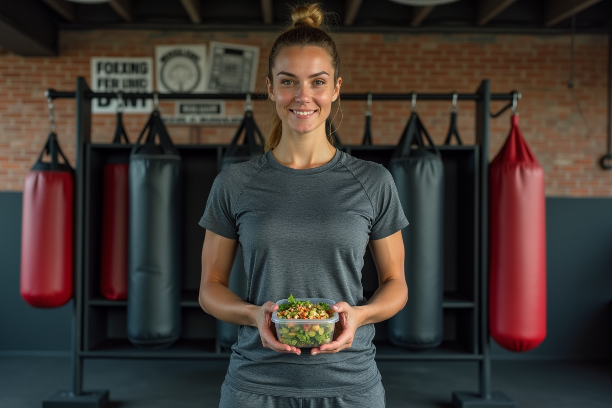Boxeuse avec un plat de quinoa et salade dans la salle d