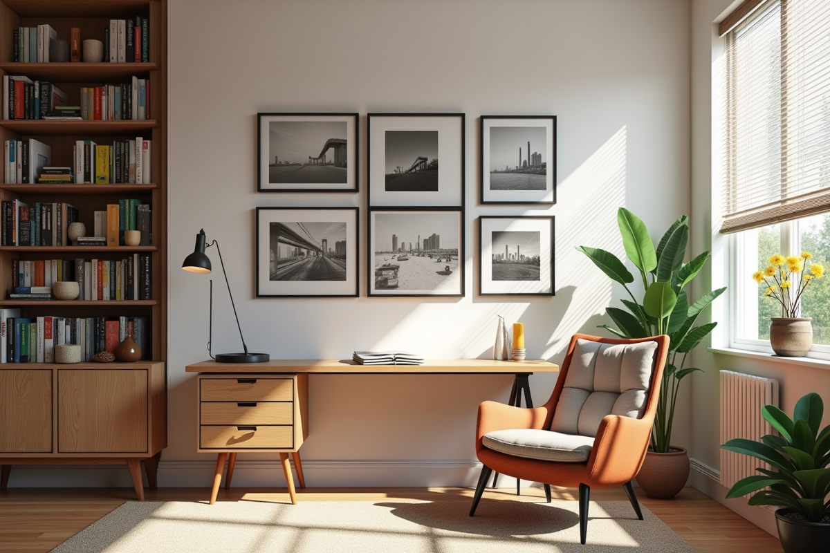 Bureau lumineux avec etagere colorée et plantes vertes
