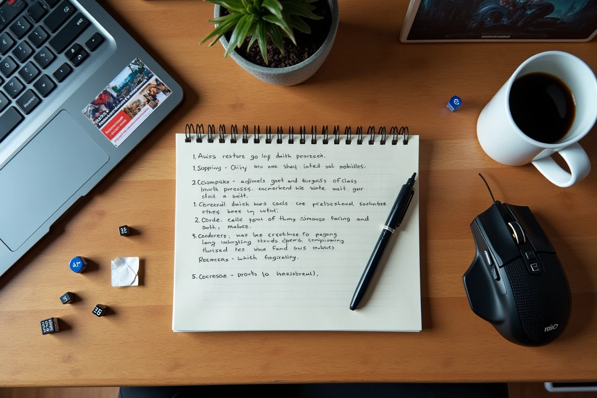 Bureau de gamer avec clavier mécanique, notes de stratégie manuscrites et smartphone affichant un wiki de jeu RPG