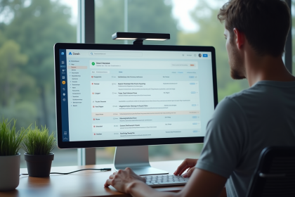 Personne travaillant sur un bureau moderne avec une boîte mail claire