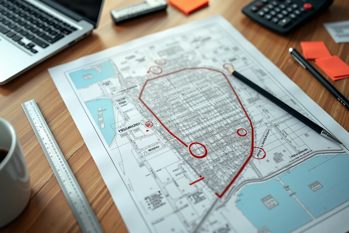 Vue aérienne d'un bureau d'urbanisme avec carte parcellaire annotée et calculs de conversion hectares en mètres carrés