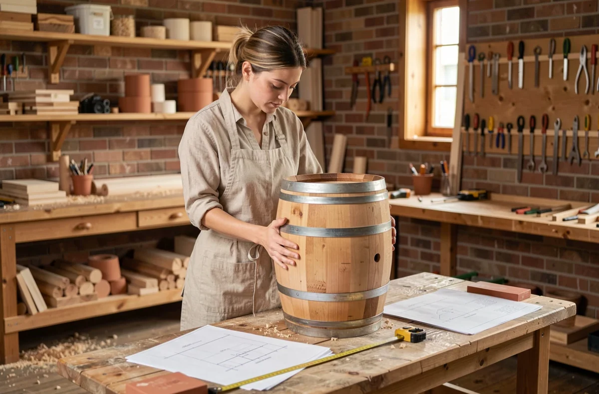 Femme artisane tenant un fût en bois pour en calculer le volume cylindrique en mètres cubes dans un atelier