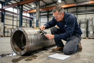 Ingénieur mesurant le diamètre d'un cylindre industriel avec un pied à coulisse pour calculer le volume en m3